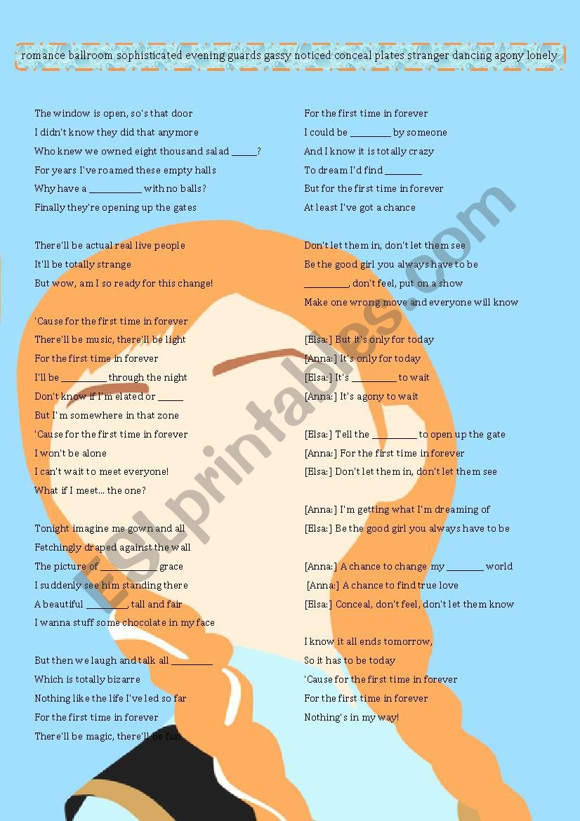 Frozen First Time In Forever Song Lyrics Gap Filling Exercise Esl Worksheet By Meryemyavuz