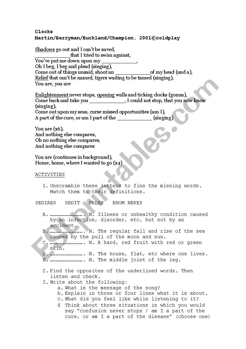 Clocks by Coldplay worksheet