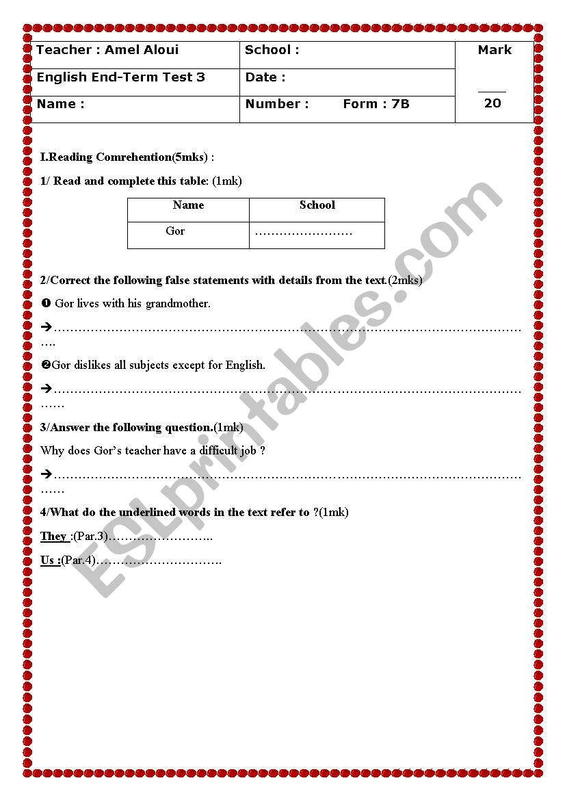 7th form End-term test(3)  worksheet