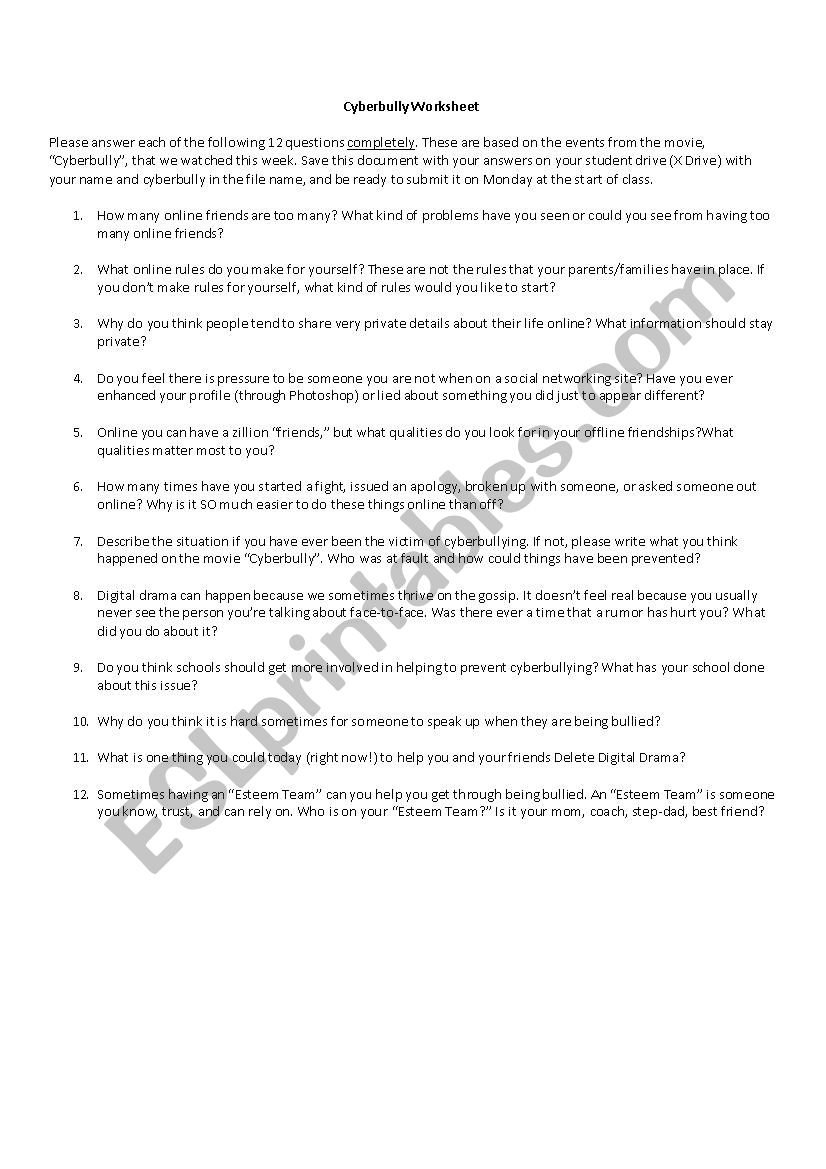 Cyberbully Movie Activity worksheet