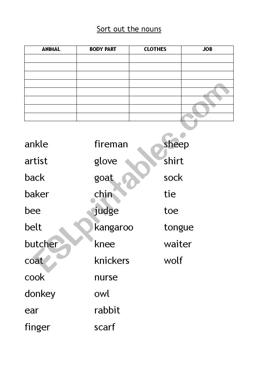 Sort out the nouns worksheet
