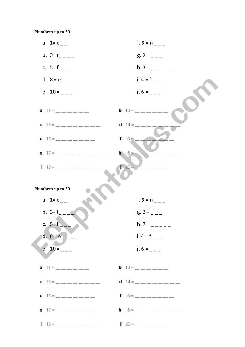 Numbers 1-20 worksheet