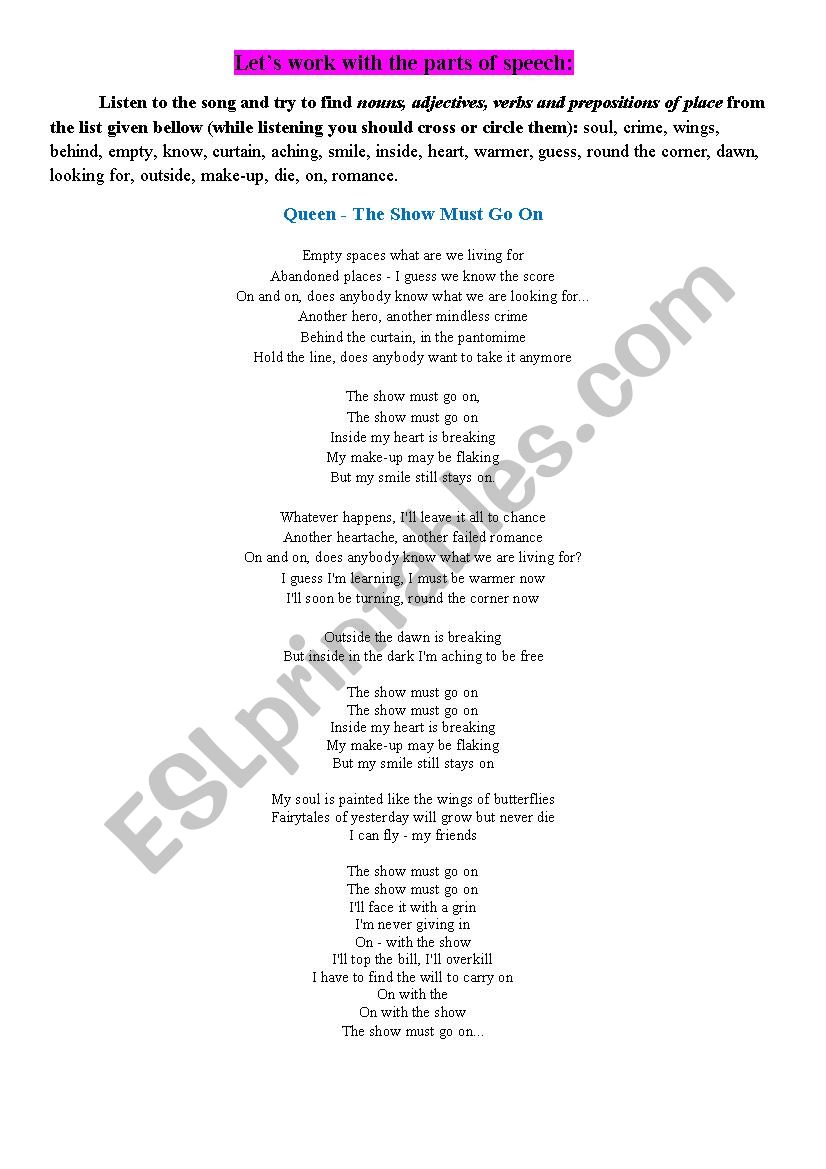 Worksheet to the song 