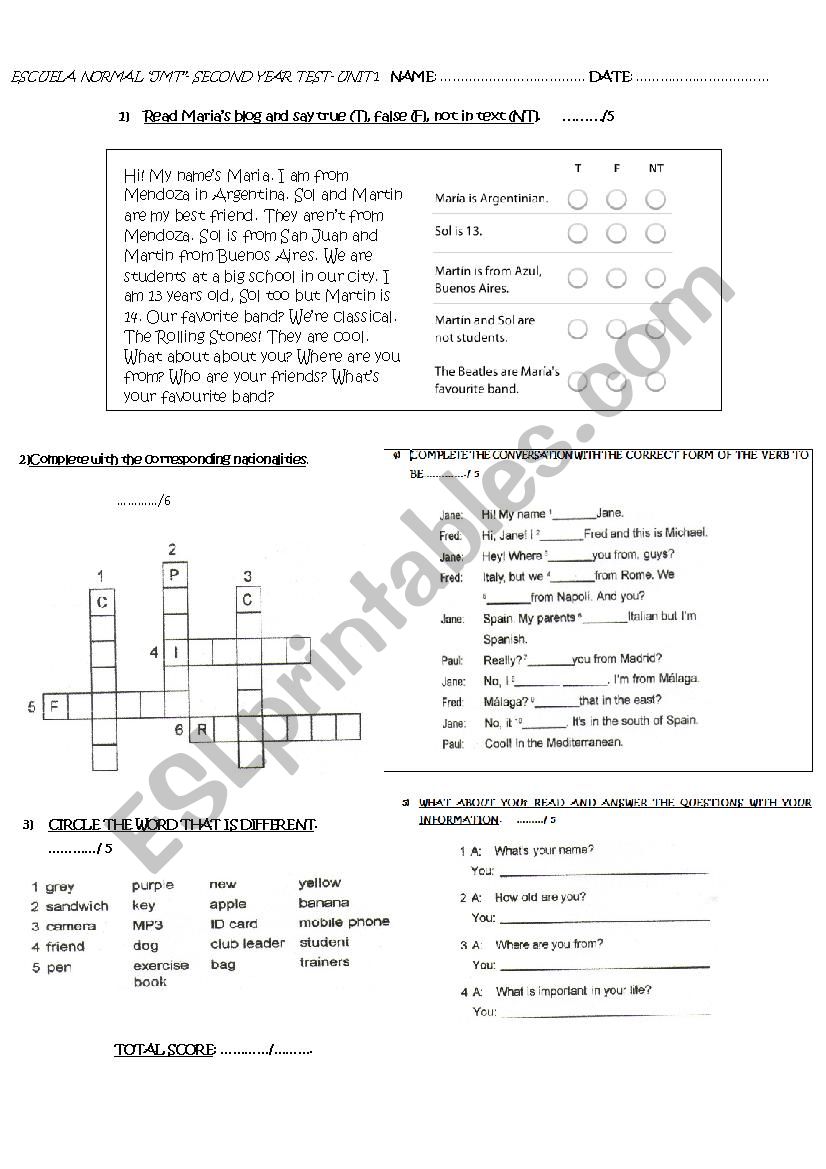 Revision of topics worksheet