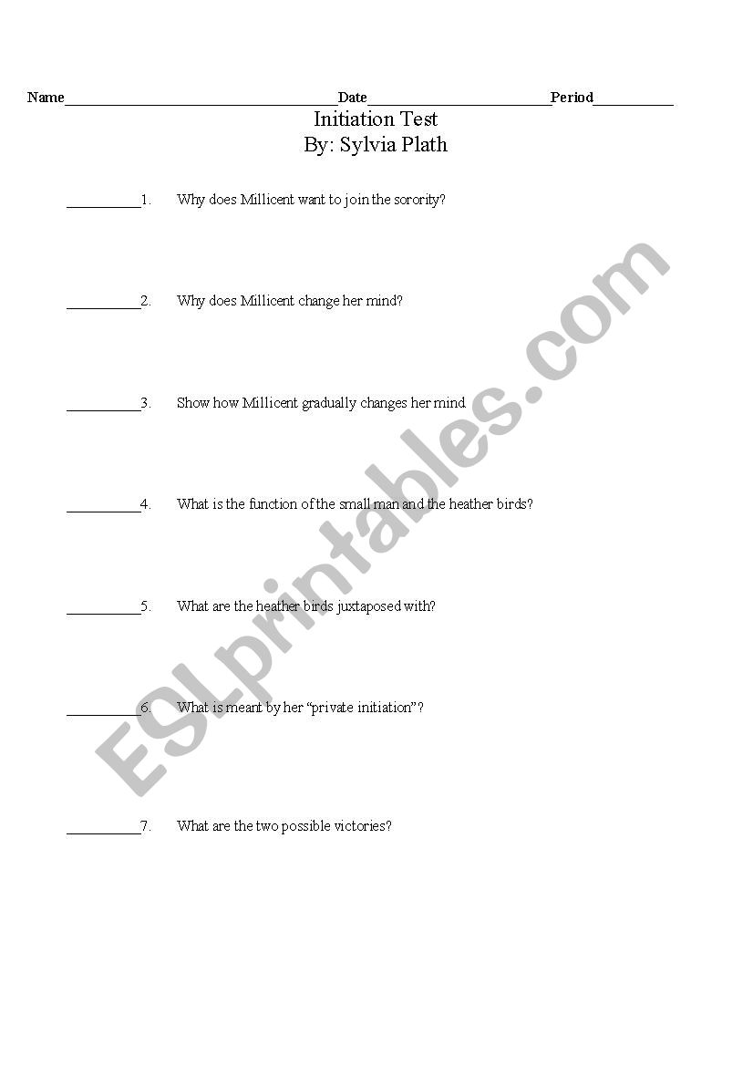 Initiation By Sylvia Plath  worksheet