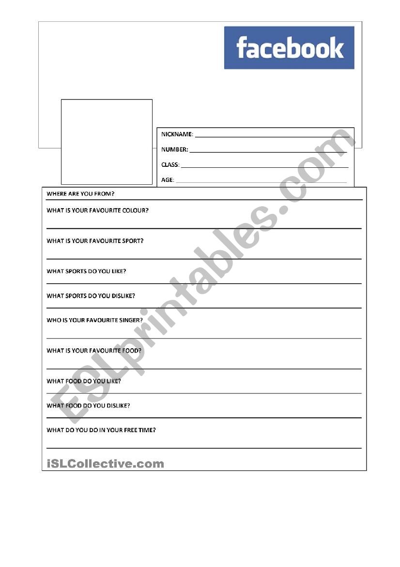 Facebook worksheet worksheet