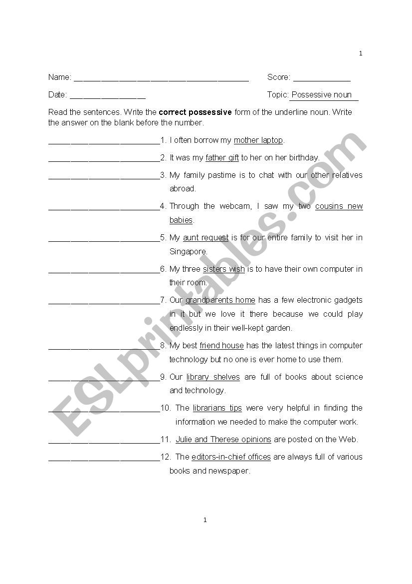 Possessive nouns  worksheet