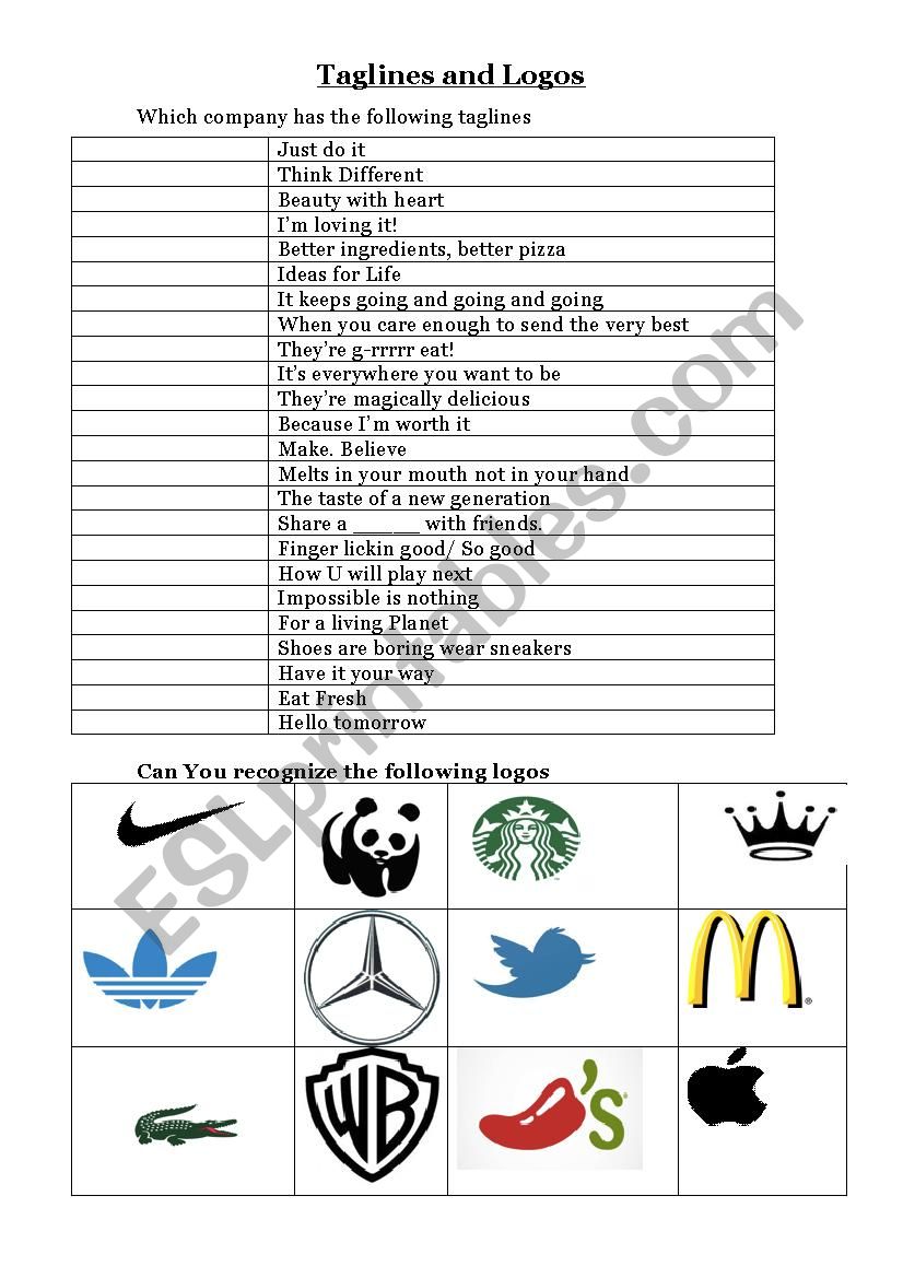 taglines and logos worksheet