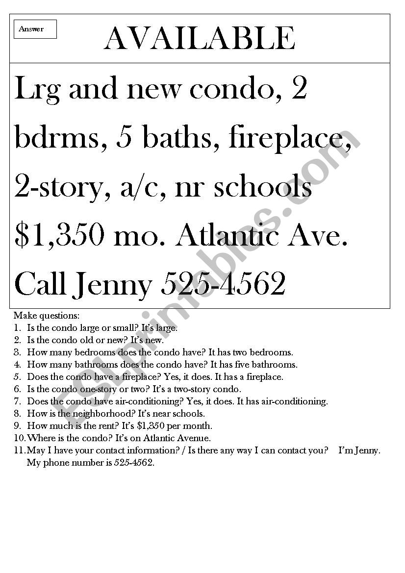 Housing advertisement worksheet