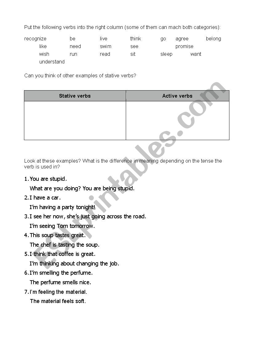 Stative vs Active Verbs worksheet