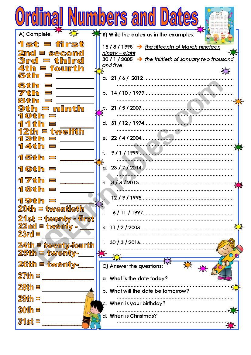 Ordinal Numbers and Dates worksheet