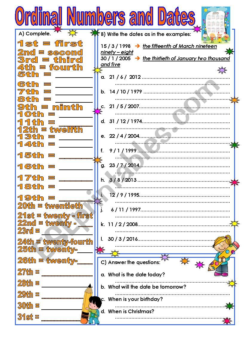 Birthday dates. Ordinal numbers and Dates Worksheets. Months and Ordinal numbers. Years in English exercises. Time and Dates Worksheet.