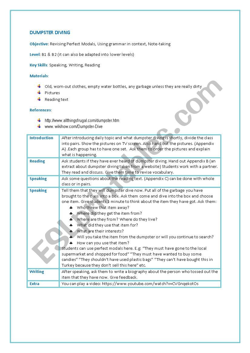 Dumpster Diving worksheet