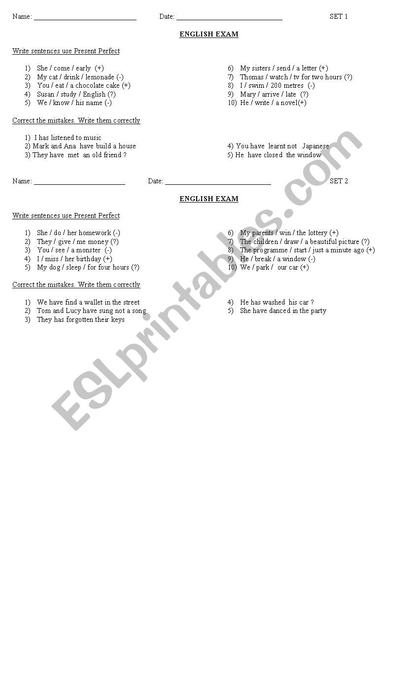 Exam present perfect worksheet
