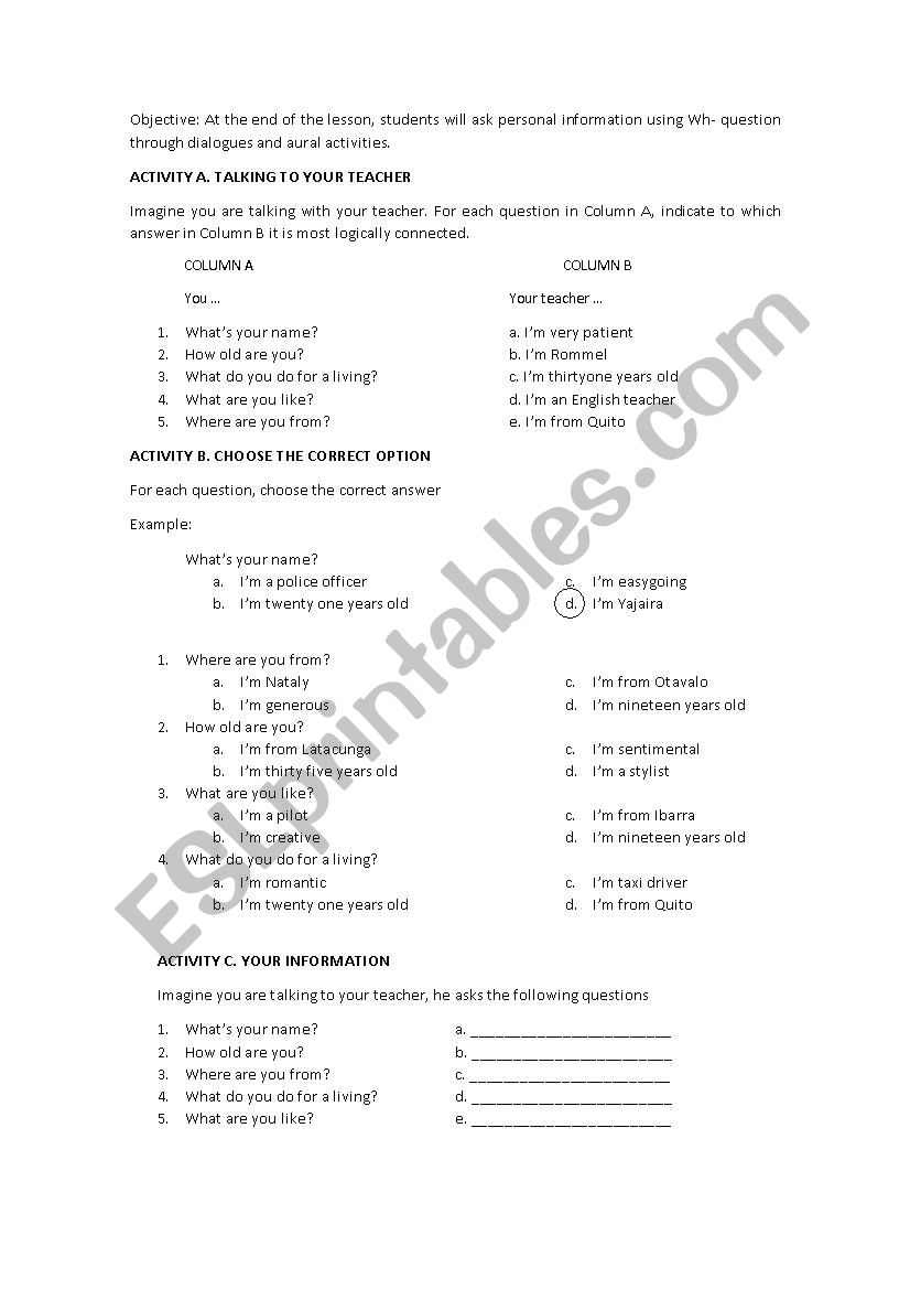 Personal presentation  worksheet