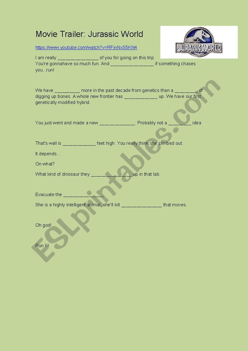 Movie Trailer: Jurassic World worksheet