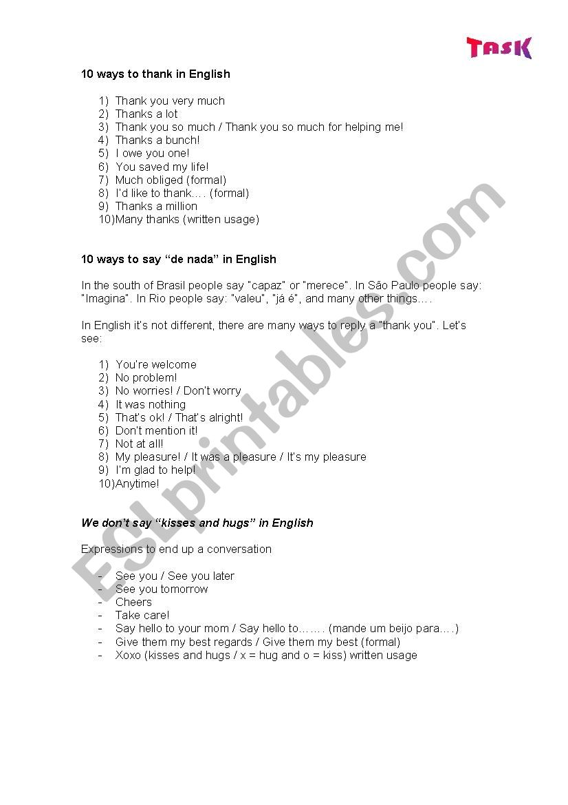 10 ways to thank in english worksheet