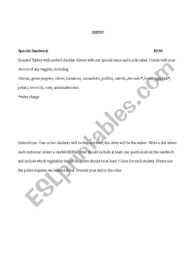 Restaurant Skit  worksheet