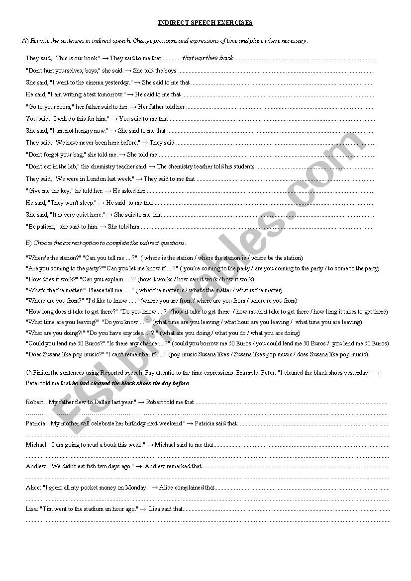indarect speech exercises worksheet