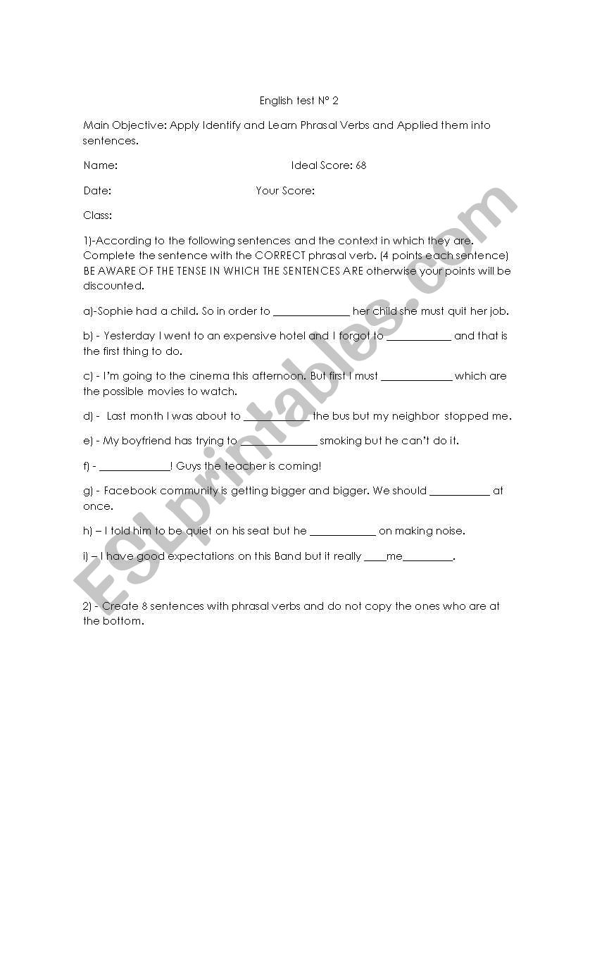 English test phrasal verbs worksheet