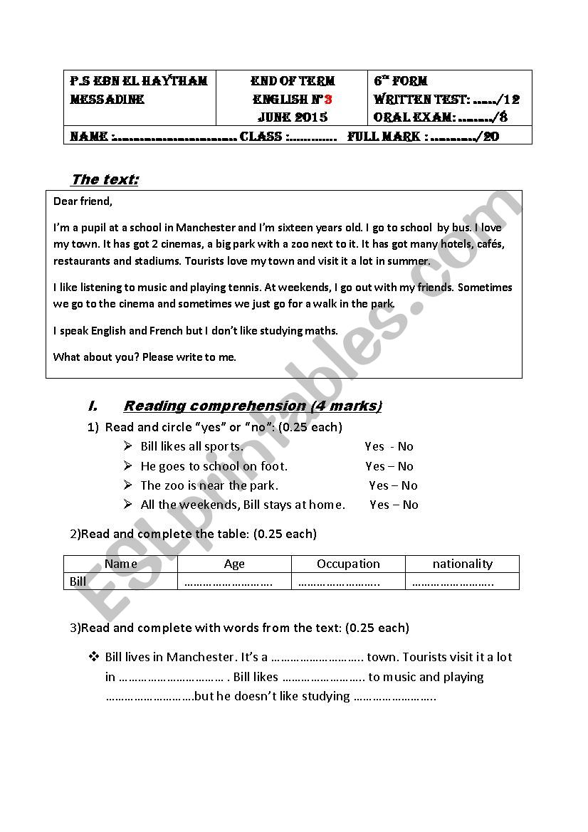 english exam - 6th form  worksheet