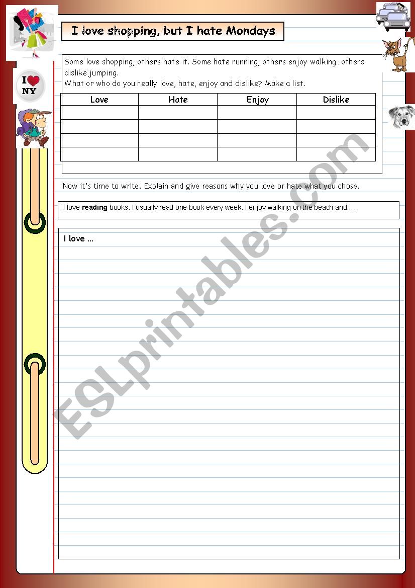 Love, Hate, Dislike, Enjoy worksheet