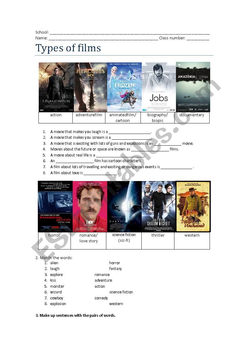 Types of films worksheet