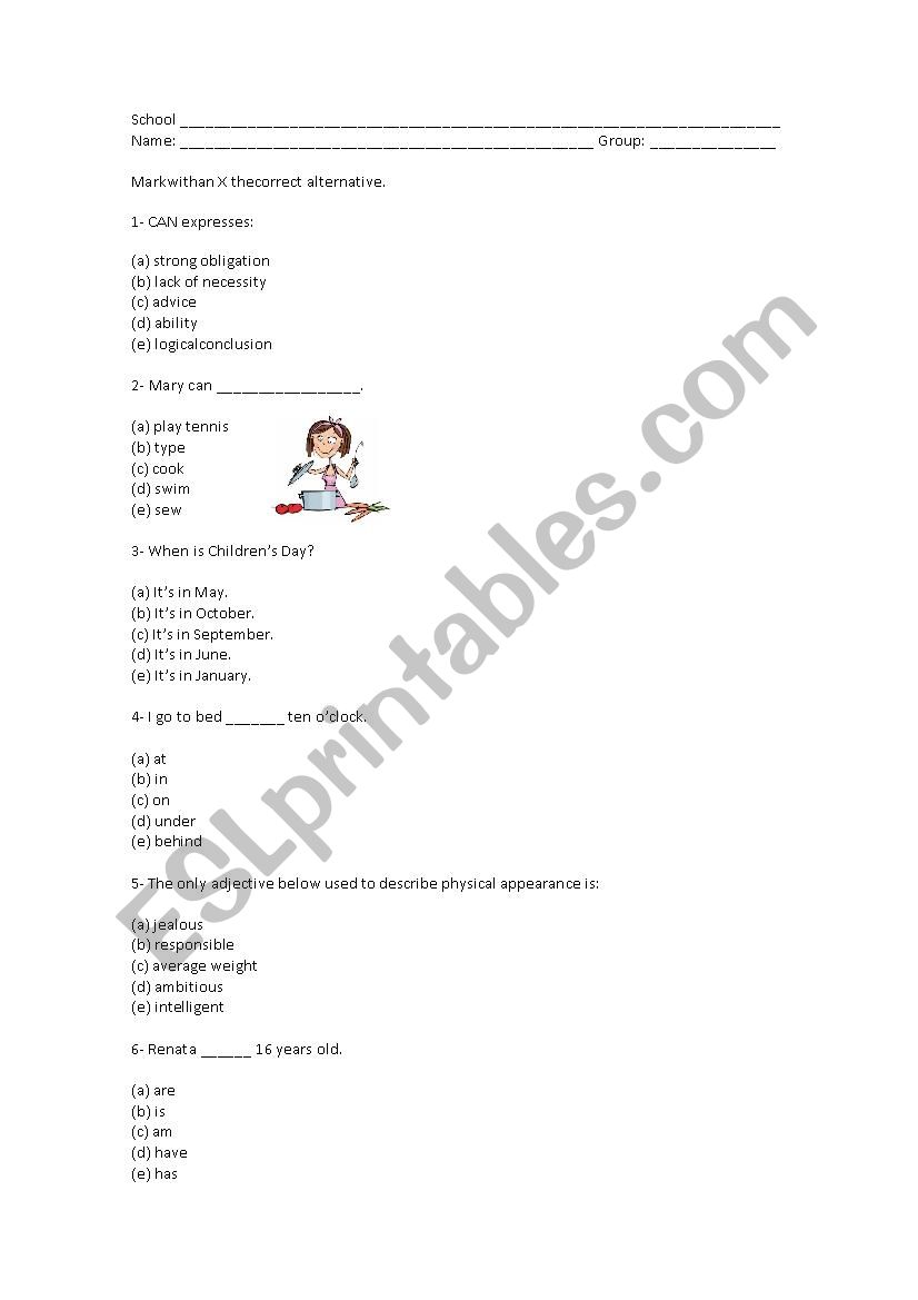 Multiple choice test worksheet