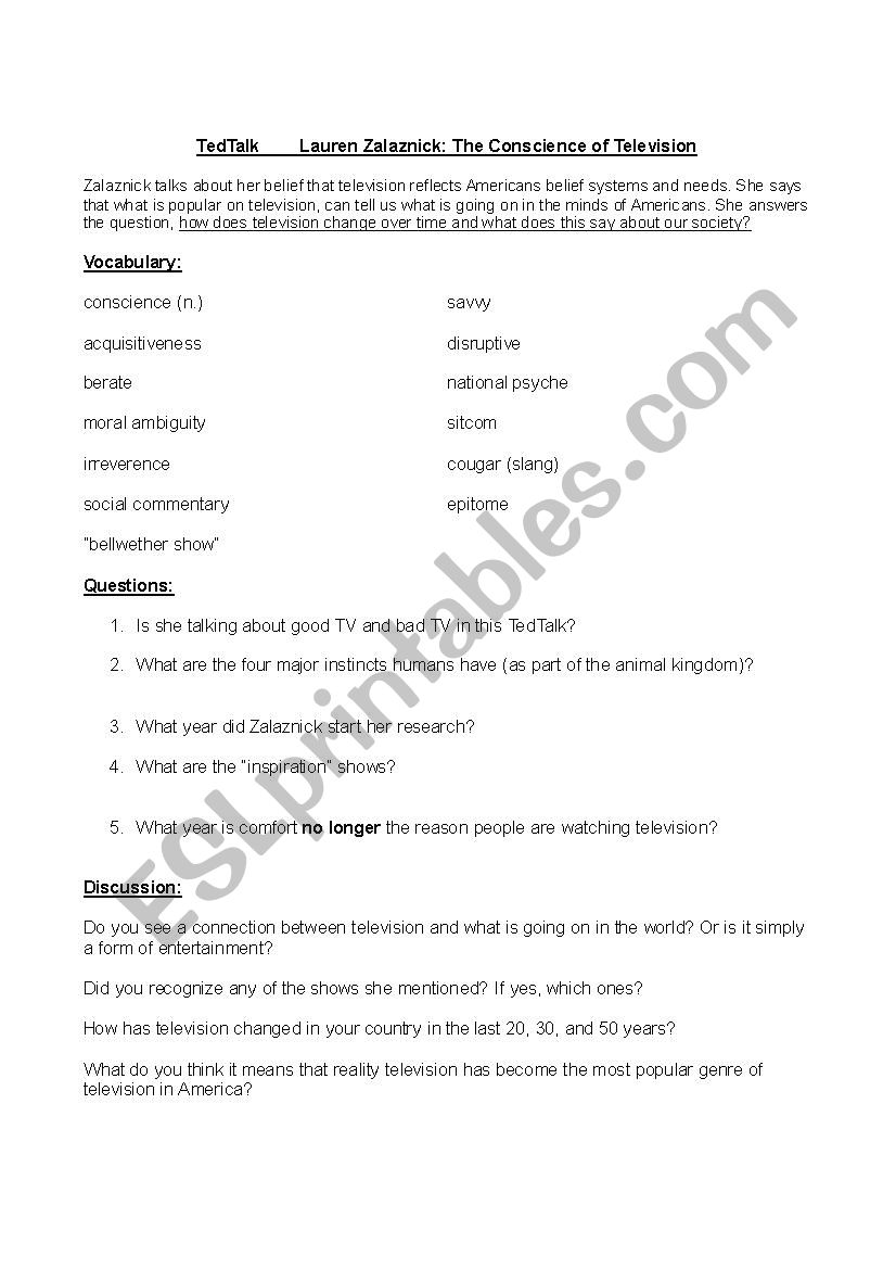 Television Ted Talk  worksheet