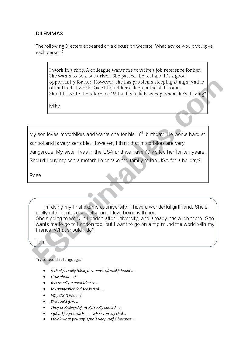 Dilemmas worksheet
