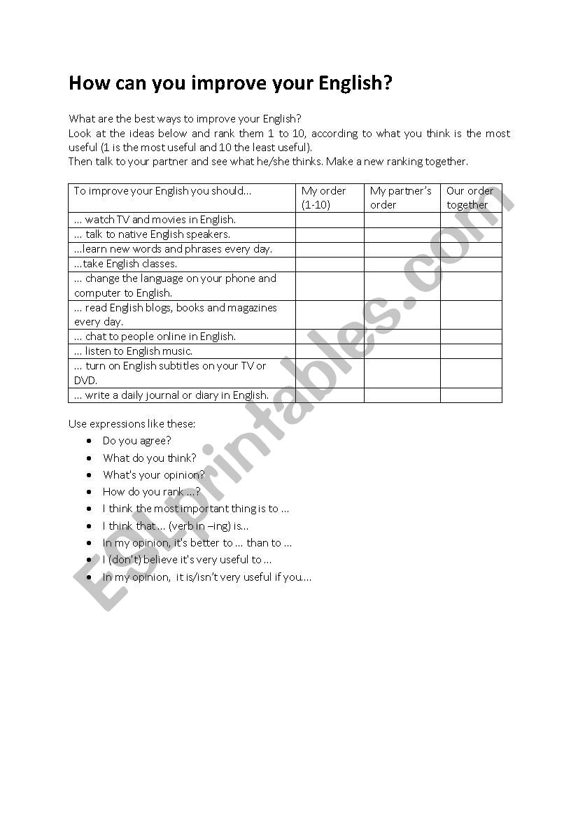 How to improve your English worksheet