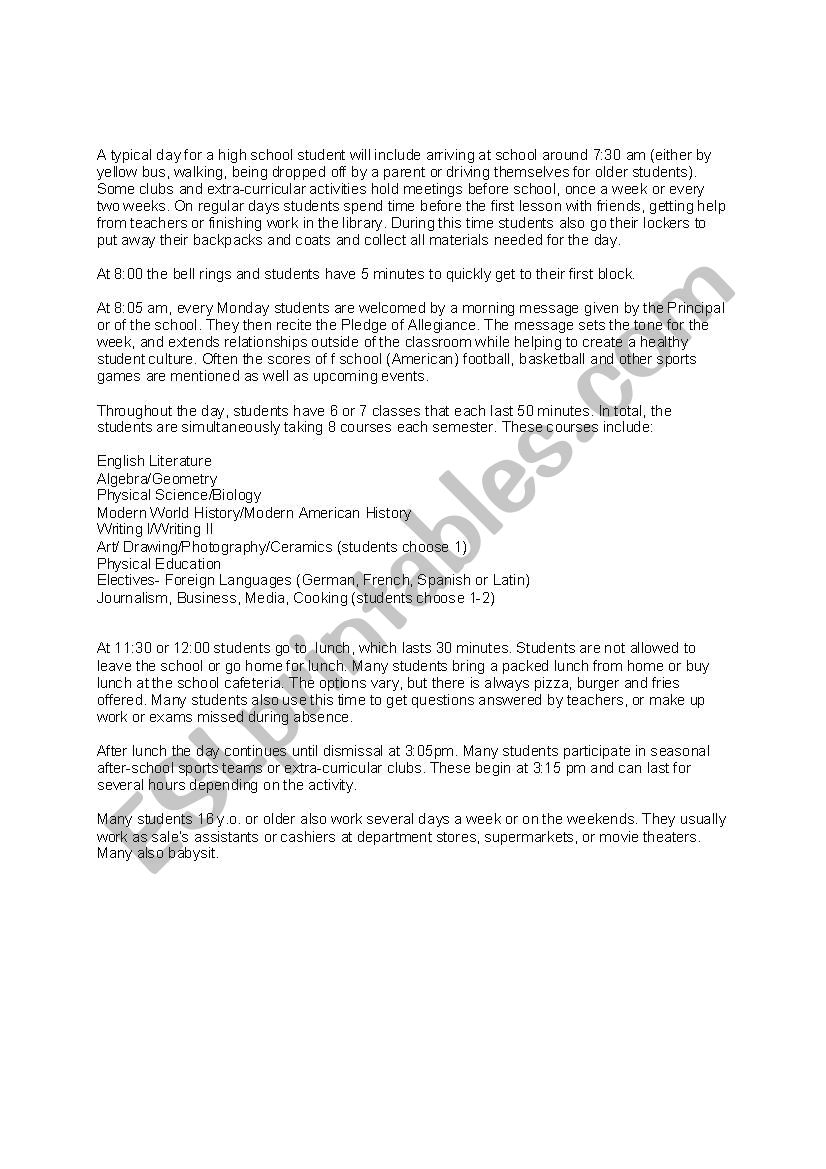 A StudentÂ´s Typical Day worksheet