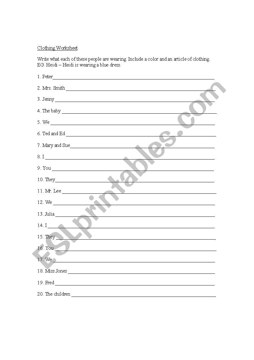 Clothing Worksheet worksheet