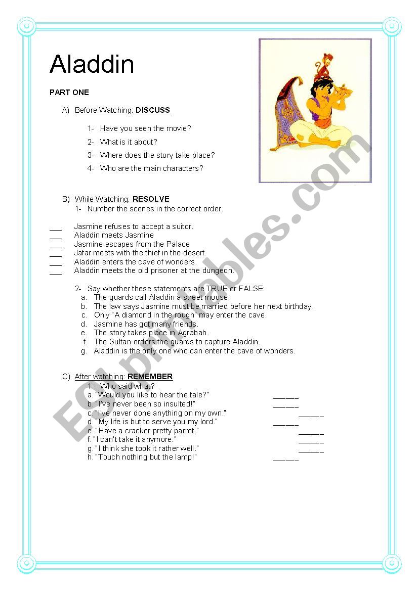 Aladdin 1 worksheet