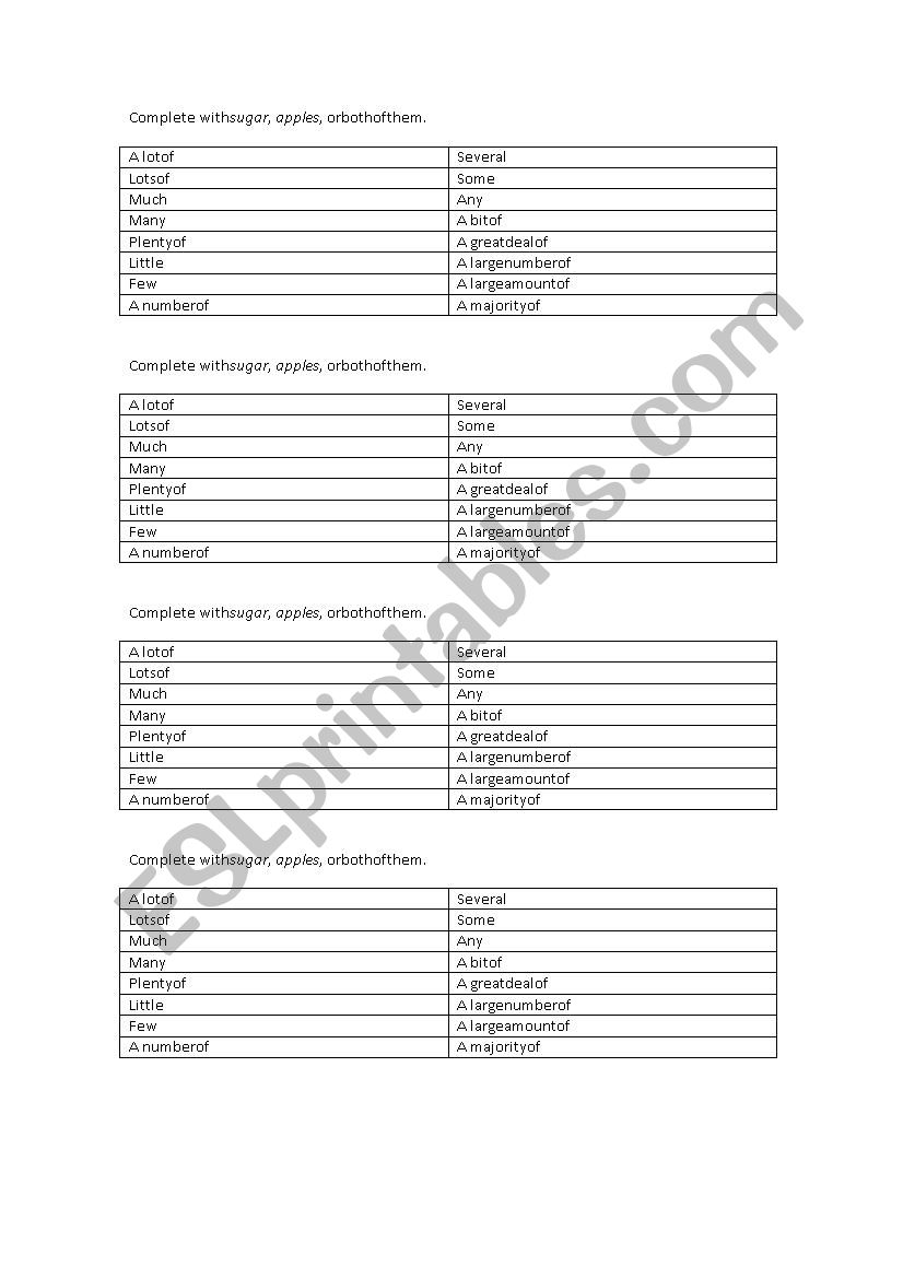 Quantifiers: Sugar or apples? worksheet