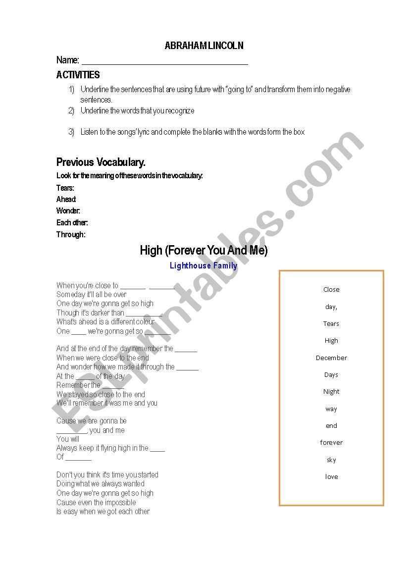 High Forever you and me song- worksheet