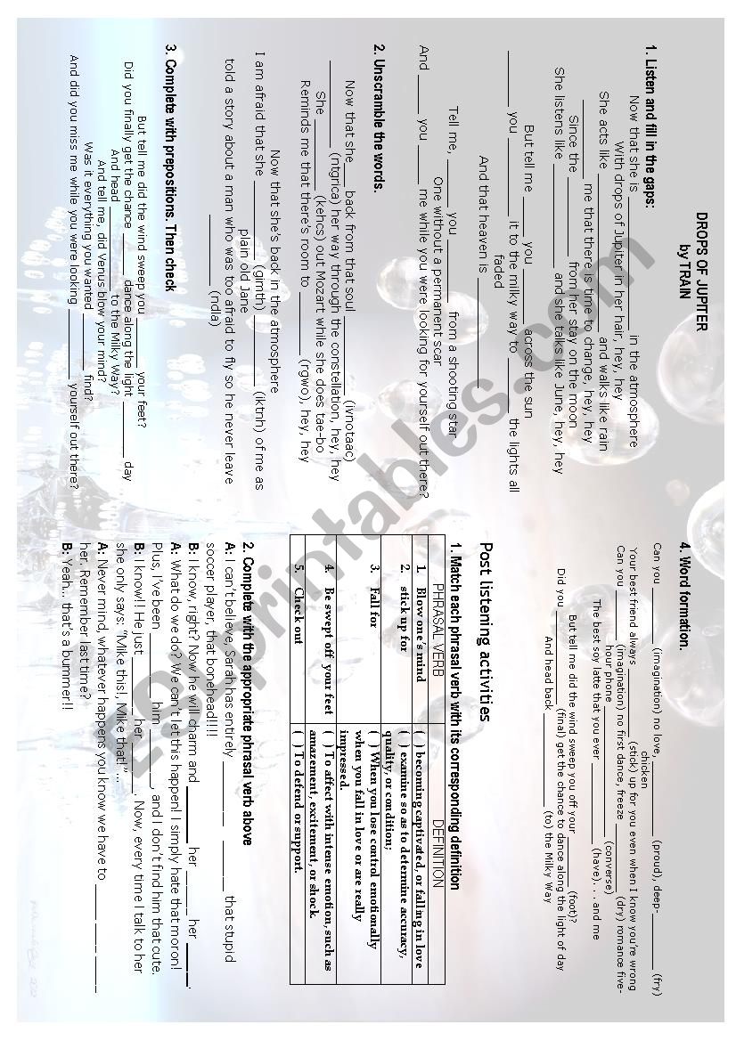 Drops of Jupiter by Train worksheet