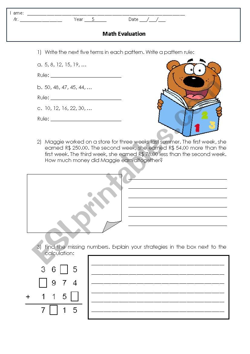 Math Evaluation worksheet