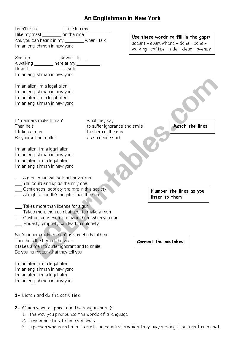 englishman in new york worksheet