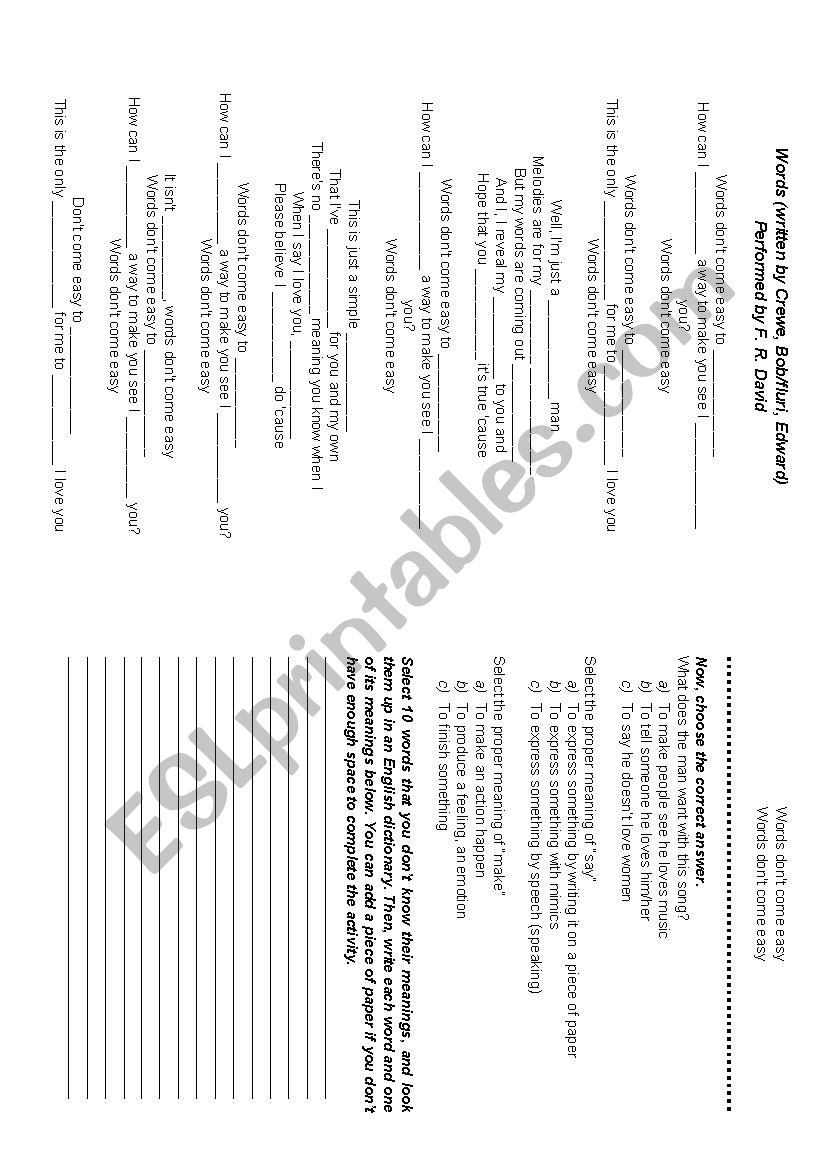 Words (dont come easy to me) worksheet