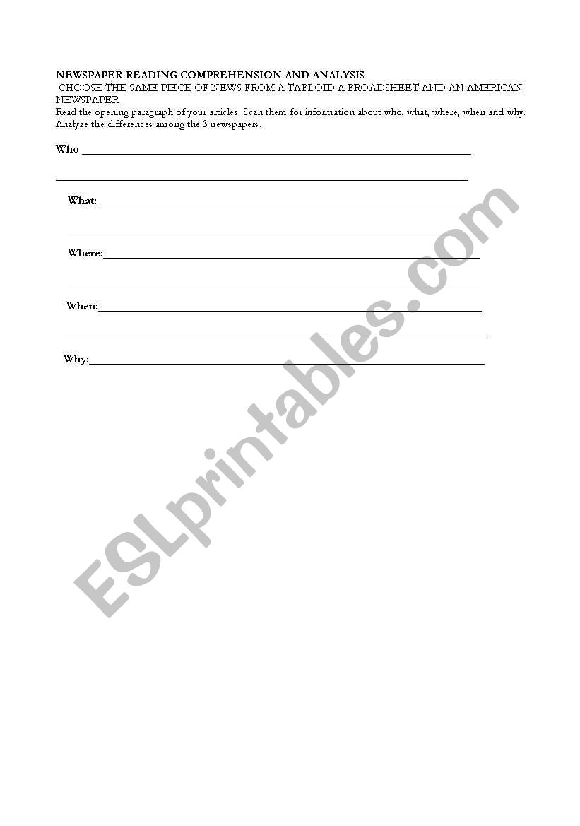 newspaper reading worksheet