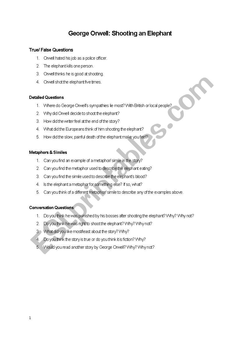 Shooting an elephant worksheet