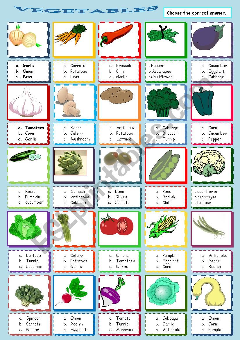 VEGETABLES MULTIPLE CHOICE worksheet