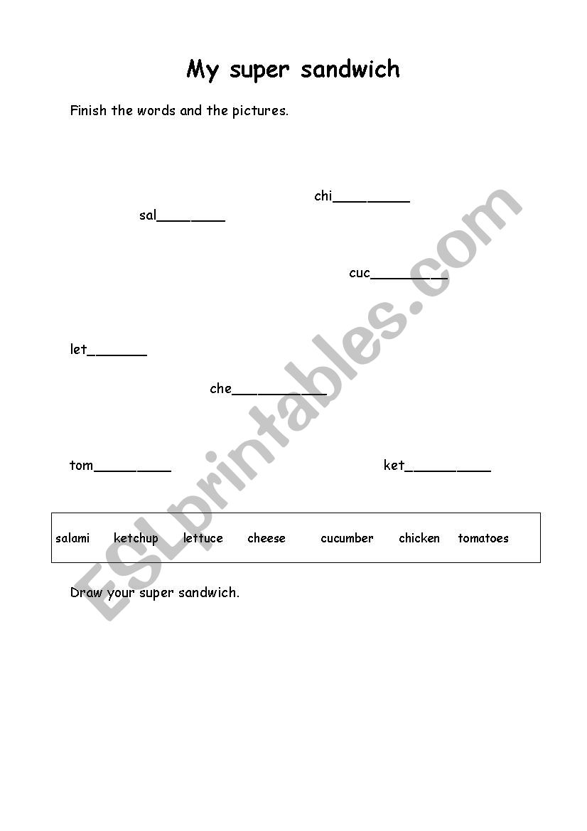 My super sandwich worksheet