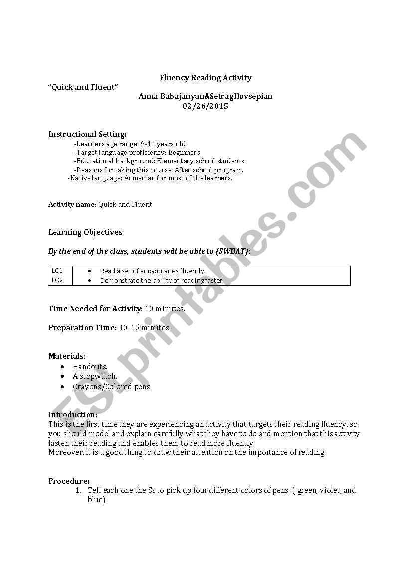 Quick and Fluent worksheet