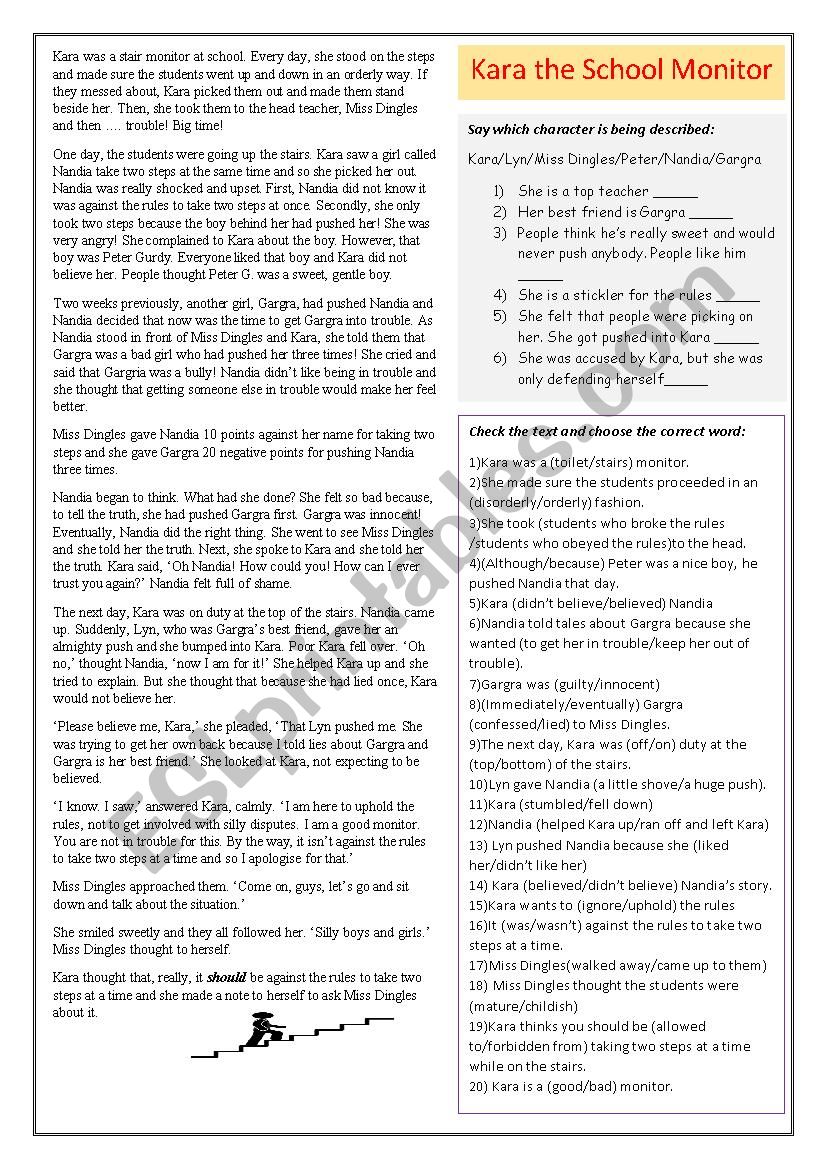 Kara the school monitor worksheet