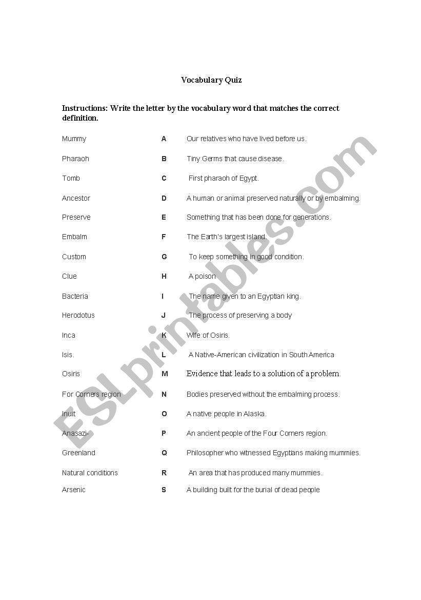 Vocabulary Quiz worksheet