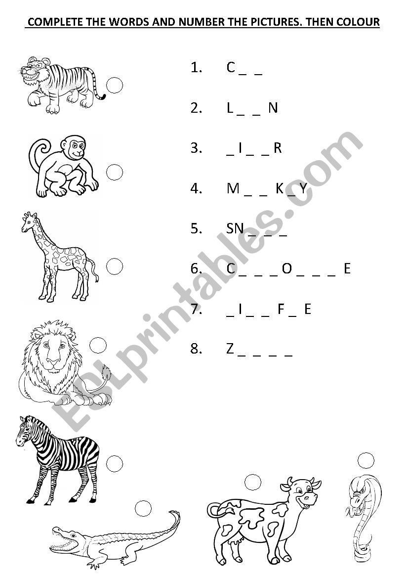Complete the words and number the pictures. Then colour