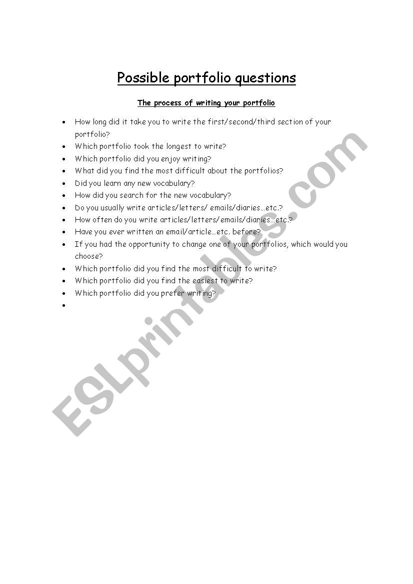 Possible portfolio questions worksheet