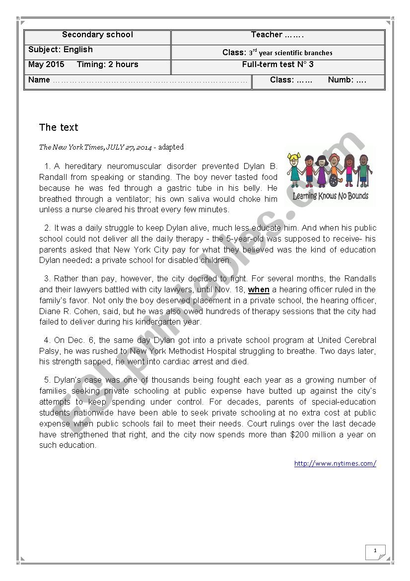 Full term test 3 for 3rd year scientific branches Tunisian students